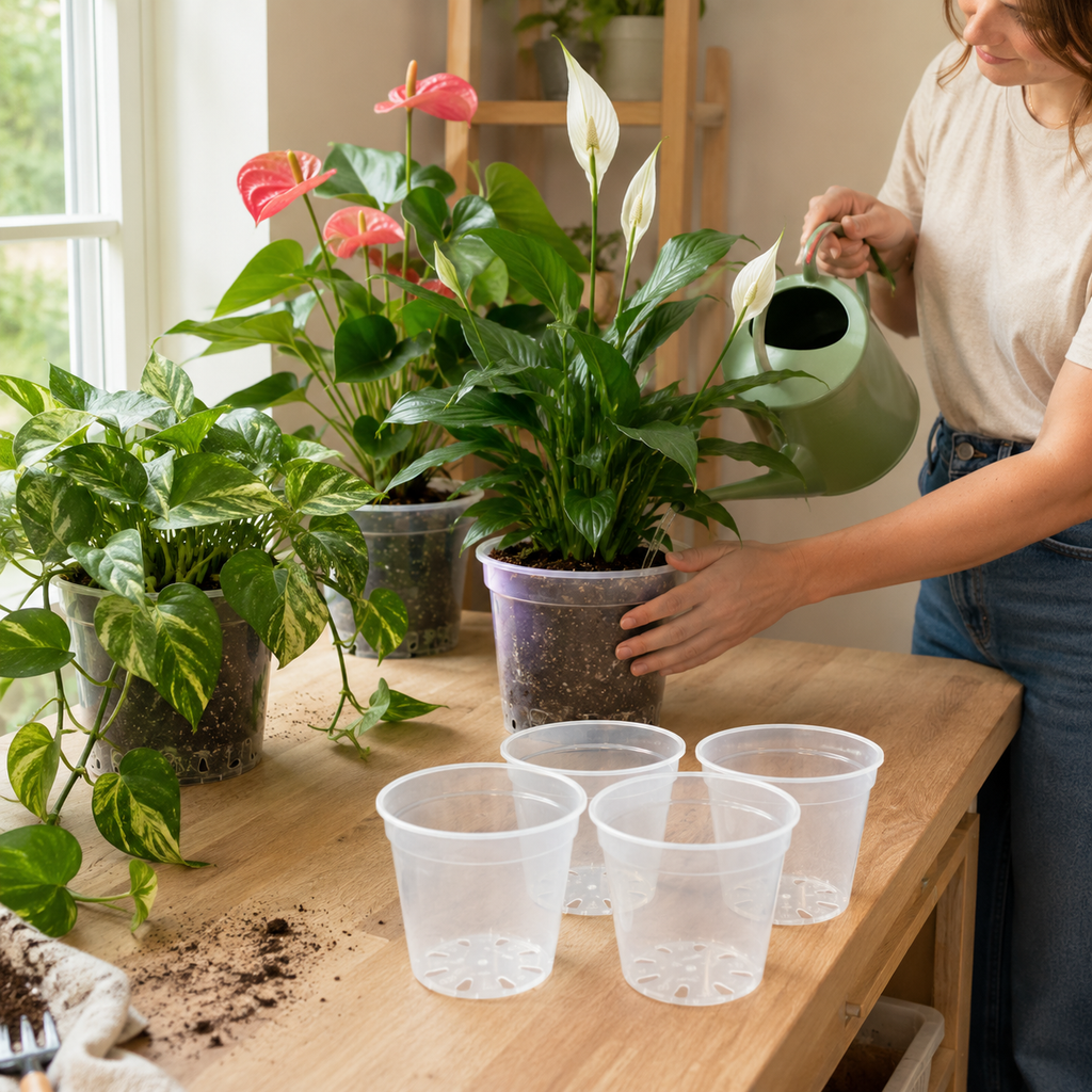 A woman watering a potted white flower plant on a wooden table, surrounded by other green houseplants in pots and four clear plastic cups.