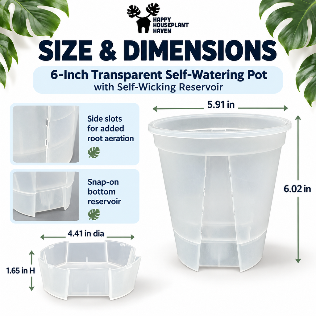 A size and dimensions chart for a 6-inch transparent self-watering pot with a self-wicking reservoir, showing the pot, reservoir, and labeled measurements on a white background with decorative green leaves.