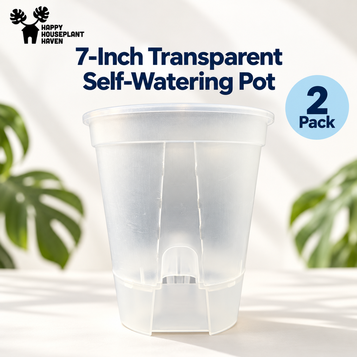 7-Inch Transparent Self-Watering Pots | 2 Pack | Clear Plant Pots with Reservoir Base