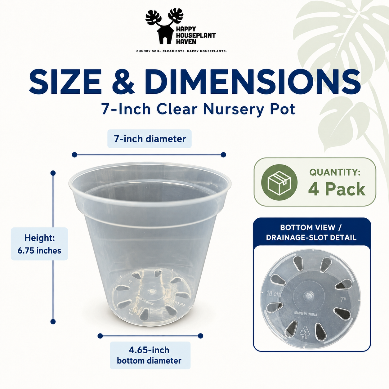 7-Inch Clear Nursery Pots | 4 pack | Large Transparent Plastic Plant Pots with Drainage for Indoor Tropical Houseplants