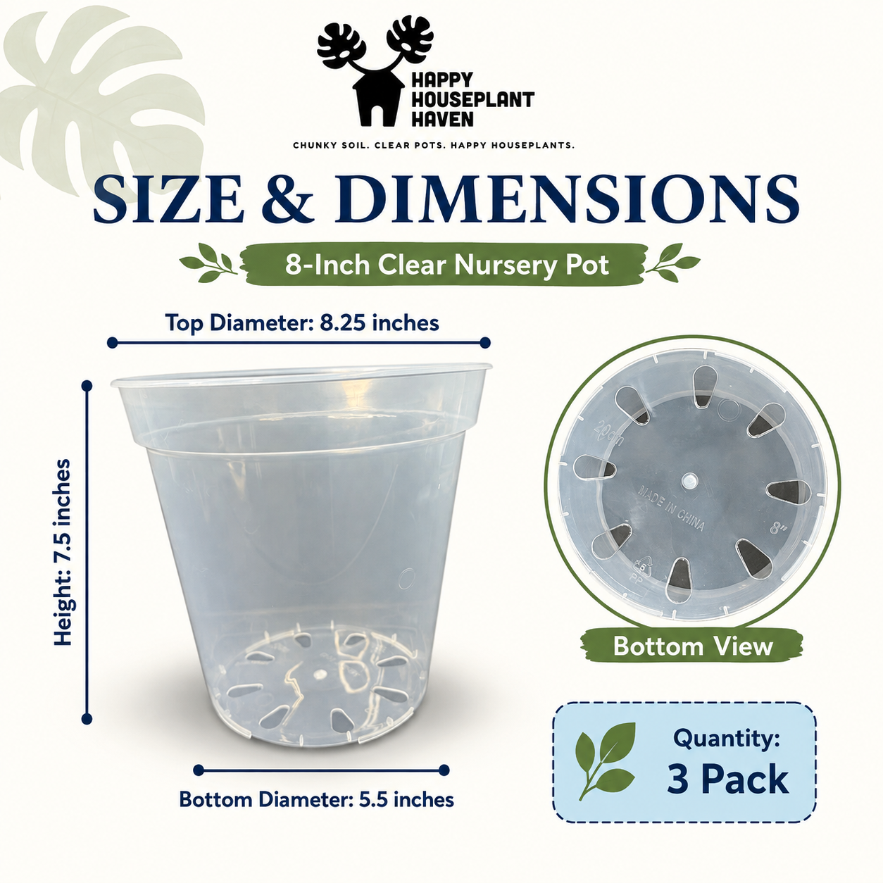 Size and dimensions chart for an 8-inch clear nursery pot by Happy Houseplant Haven, showing a transparent plastic pot with labeled top diameter, height, and bottom diameter, plus a bottom-view inset and a quantity badge for 3 pack.
