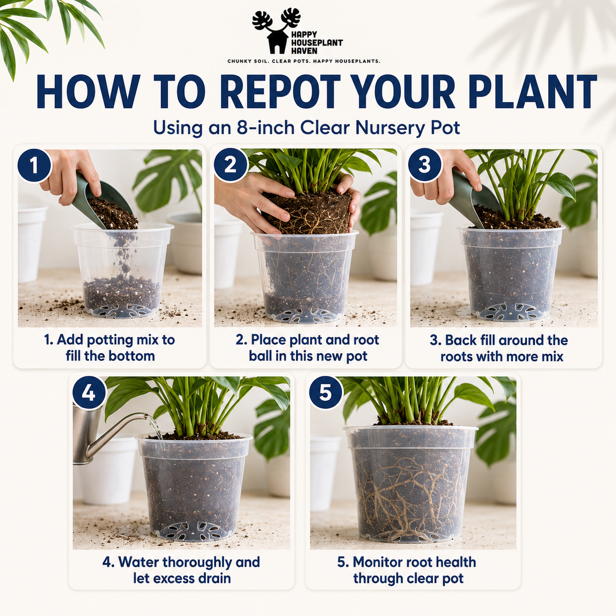 An instructional graphic titled 'HOW TO REPOT YOUR PLANT Using an 8-inch Clear Nursery Pot' with five numbered panels showing steps for potting a plant in a clear plastic nursery pot, plus the Happy Houseplant Haven logo at the top.