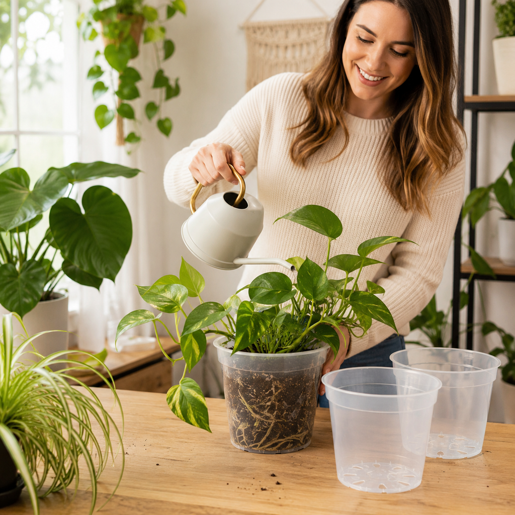 A woman in a cream ribbed sweater smiles while watering a green pothos plant with a white ceramic watering can. She is standing at a wooden table in a bright room with other potted plants and two clear plastic pots.