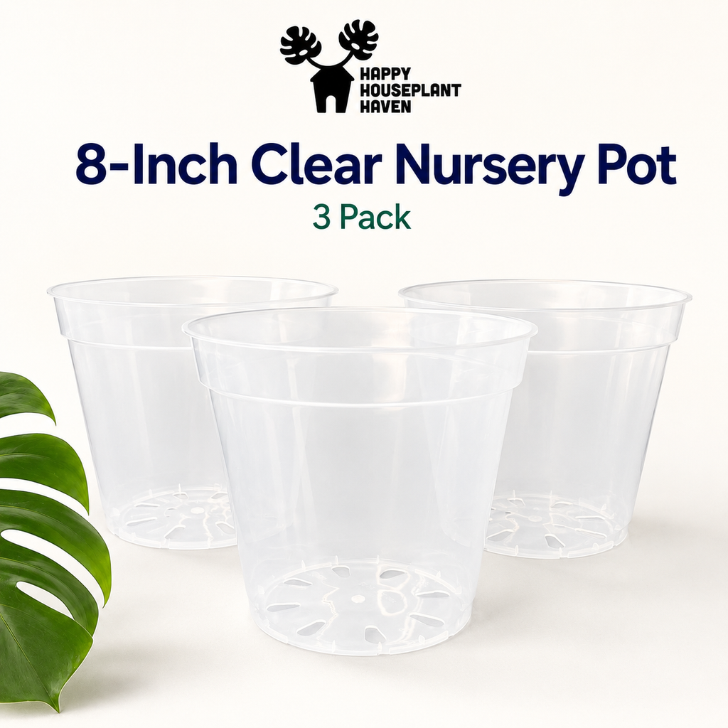 Three clear plastic 8-inch nursery pots shown on a white background with a green monstera leaf at the lower left and text reading '8-Inch Clear Nursery Pot' and '3 Pack' above them. The Happy Houseplant Haven logo is visible at the top.