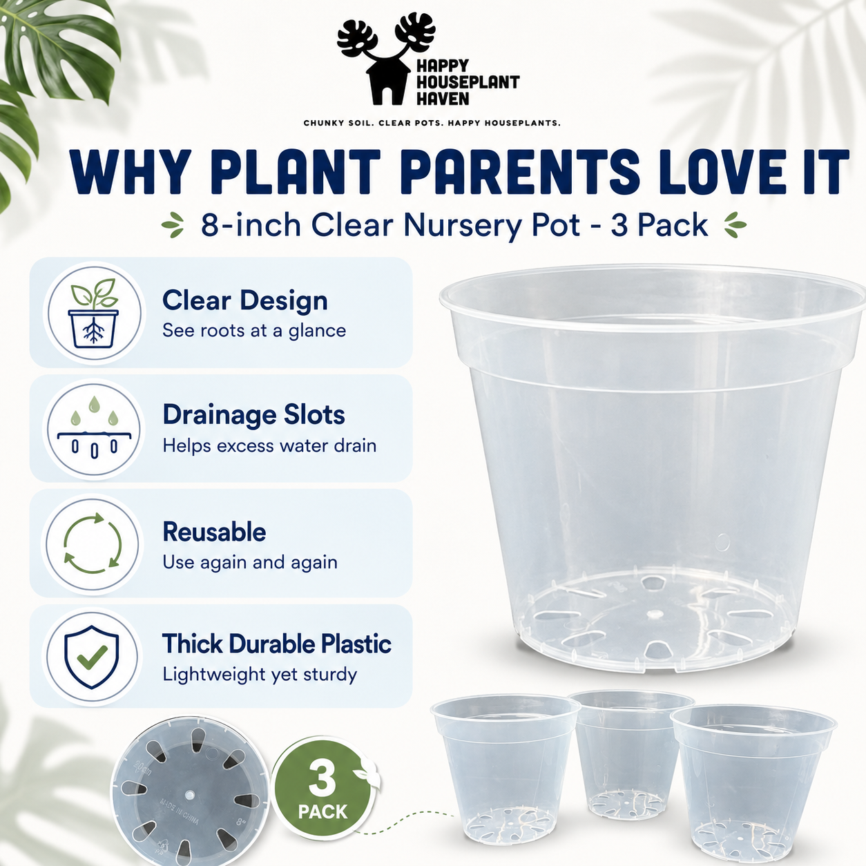 An 8-inch clear plastic nursery pot shown in a 3-pack on a white background with decorative leaf shadows. The image includes marketing text and icons highlighting product features: clear design, drainage slots, reusable use, and thick durable plastic.