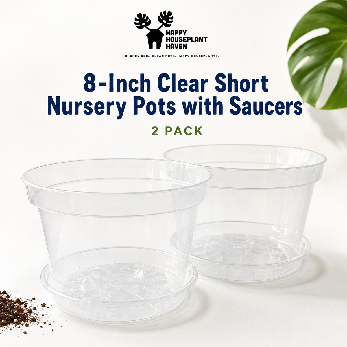8-Inch Shorty Clear Nursery Pots with Saucers | 2 Pack Azalea Pots | Wide Clear Plant Pots