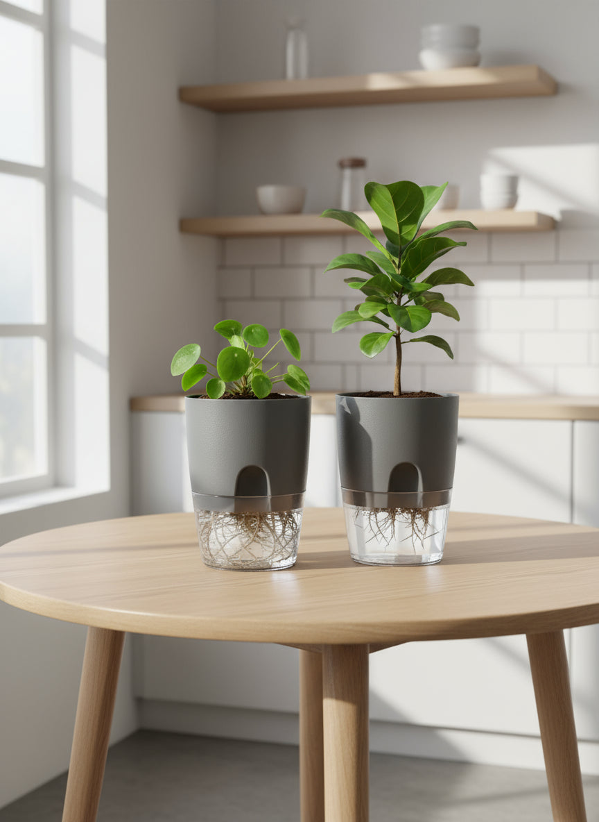 3-inch Self-Watering Pots with Clear Reservoir and Wick | 2 Pack or 4 Pack | Gray or White Modern Style | Semi-Hydro Plant Pots