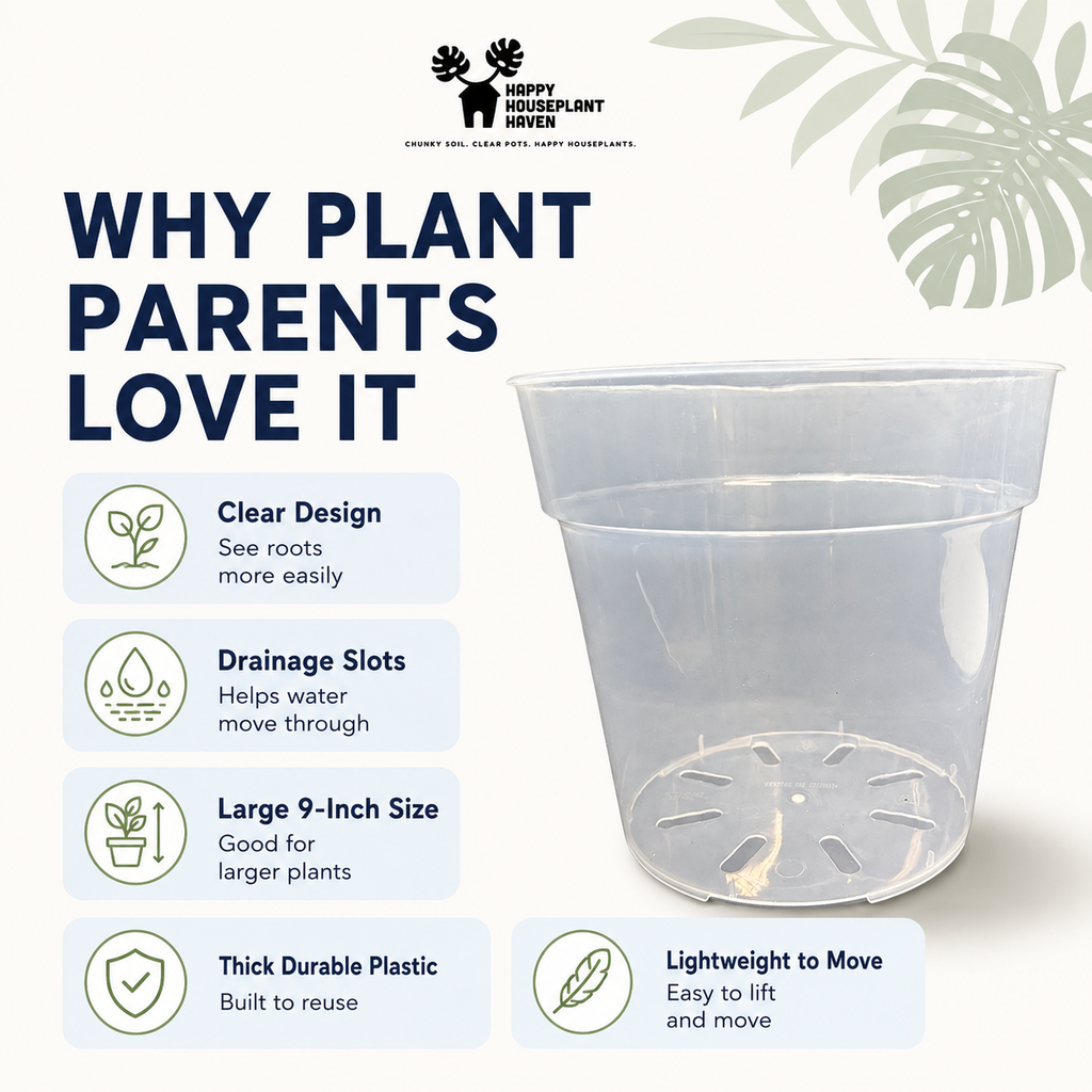 A clear plastic nursery pot with drainage holes, shown on a white background with marketing text reading 'WHY PLANT PARENTS LOVE IT' and feature callouts for clear design, drainage slots, large 9-inch size, thick durable plastic, and lightweight ease of move. The Happy Houseplant River logo appears at the top.