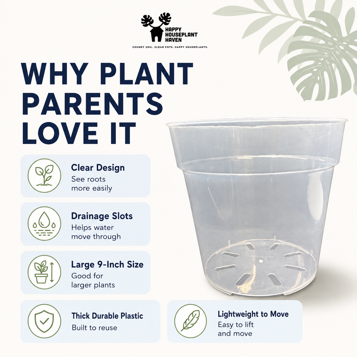 A clear plastic nursery pot with drainage holes, shown on a white background with marketing text reading 'WHY PLANT PARENTS LOVE IT' and feature callouts for clear design, drainage slots, large 9-inch size, thick durable plastic, and lightweight ease of move. The Happy Houseplant River logo appears at the top.