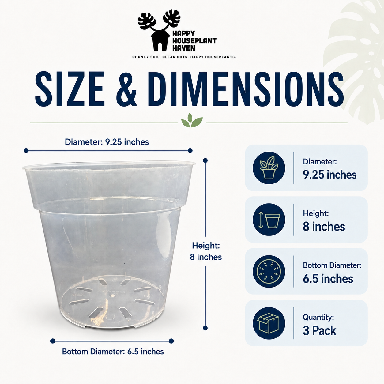 Size and dimensions chart for a clear plastic pot by Happy Houseplant Haven, showing a transparent cup-shaped planter with labeled measurements: diameter 9.25 inches, height 8 inches, bottom diameter 6.