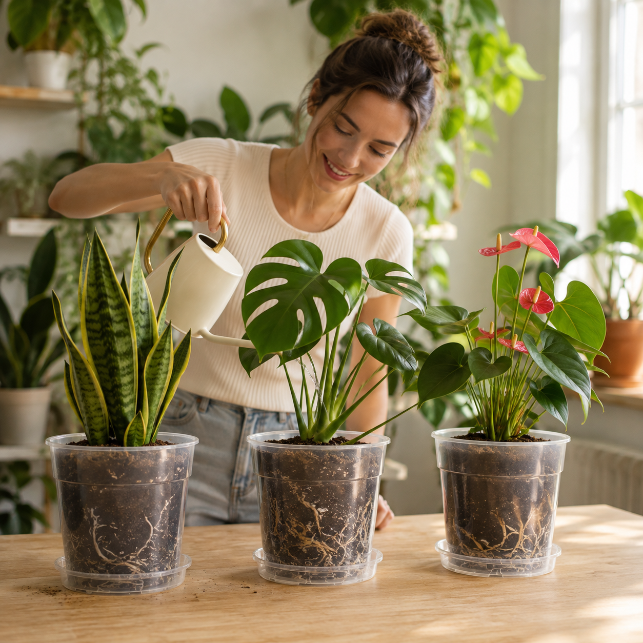 A woman in a ribbed cream top and denim shorts smiles while pouring water from a white ceramic watering can into three potted houseplants on a wooden table in a bright indoor setting.