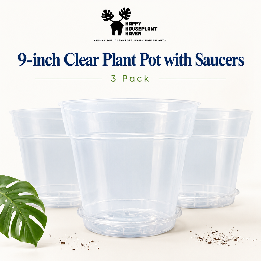 Three clear 9-inch plastic plant pots with saucers shown on a light beige background, with a green monstera leaf and soil scattered at the base. Text at the top reads '9-inch Clear Plant Pot with Saucers' and '3 Pack,' with the Happy Houseplant Haven logo above.