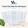 Three clear 9-inch plastic plant pots with saucers shown on a light beige background, with a green monstera leaf and soil scattered at the base. Text at the top reads '9-inch Clear Plant Pot with Saucers' and '3 Pack,' with the Happy Houseplant Haven logo above.