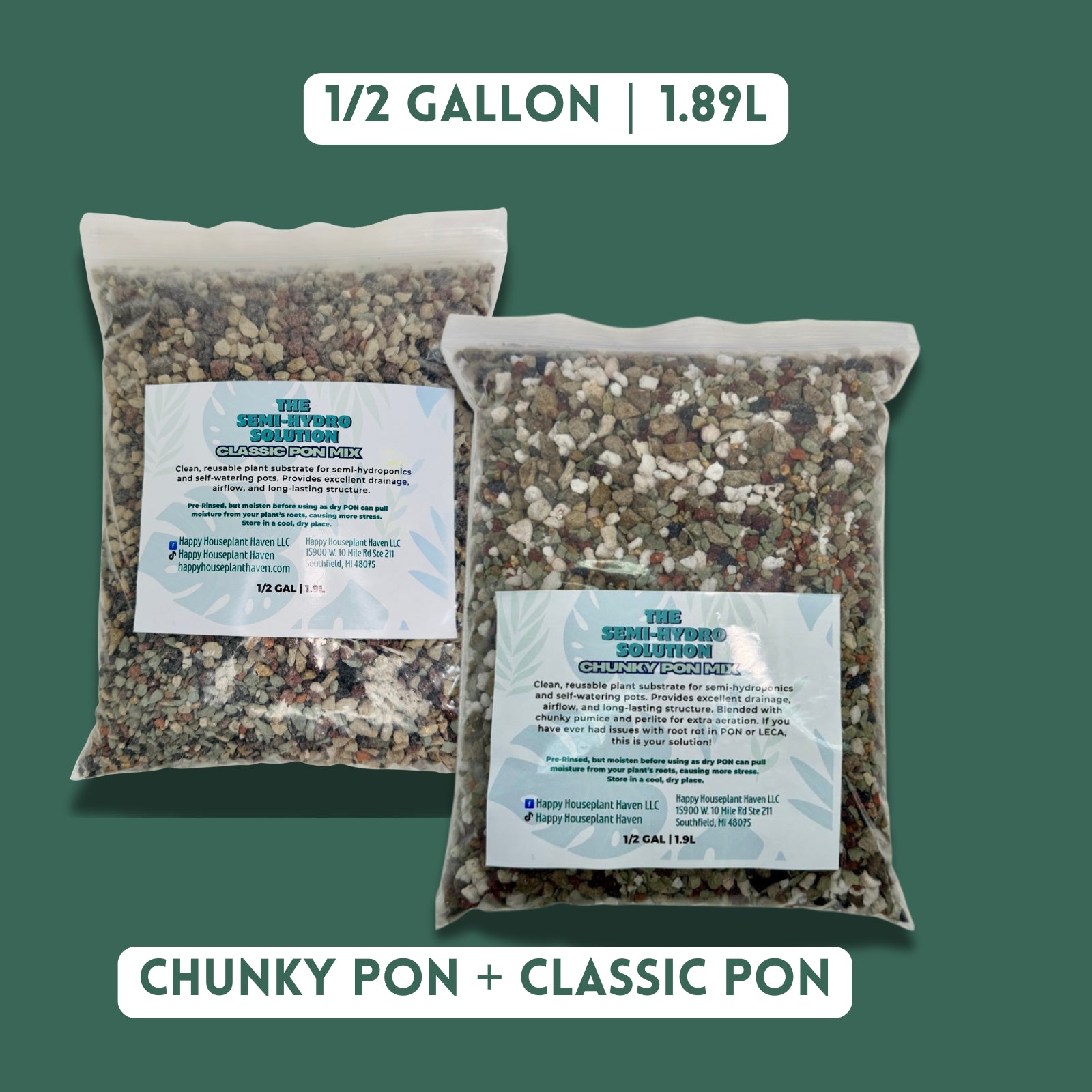 Two bags of chunky and classic pon with labels on a green background