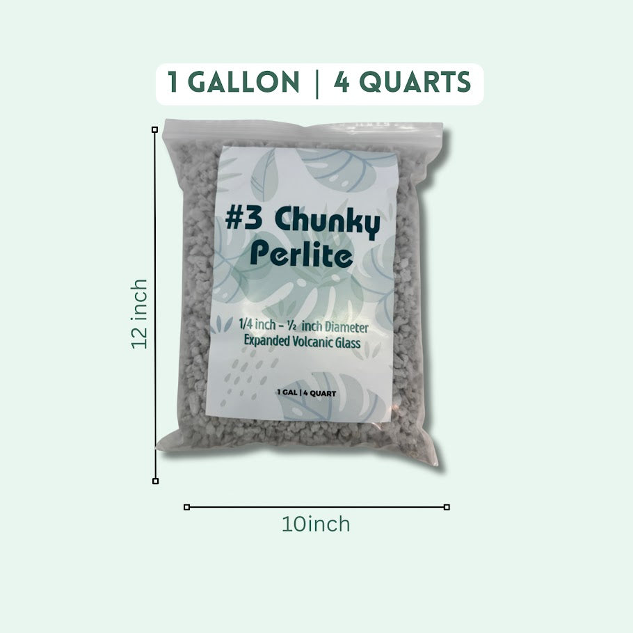 1 Gallon package of #3 Chunky Perlite with dimensions on a light gray background