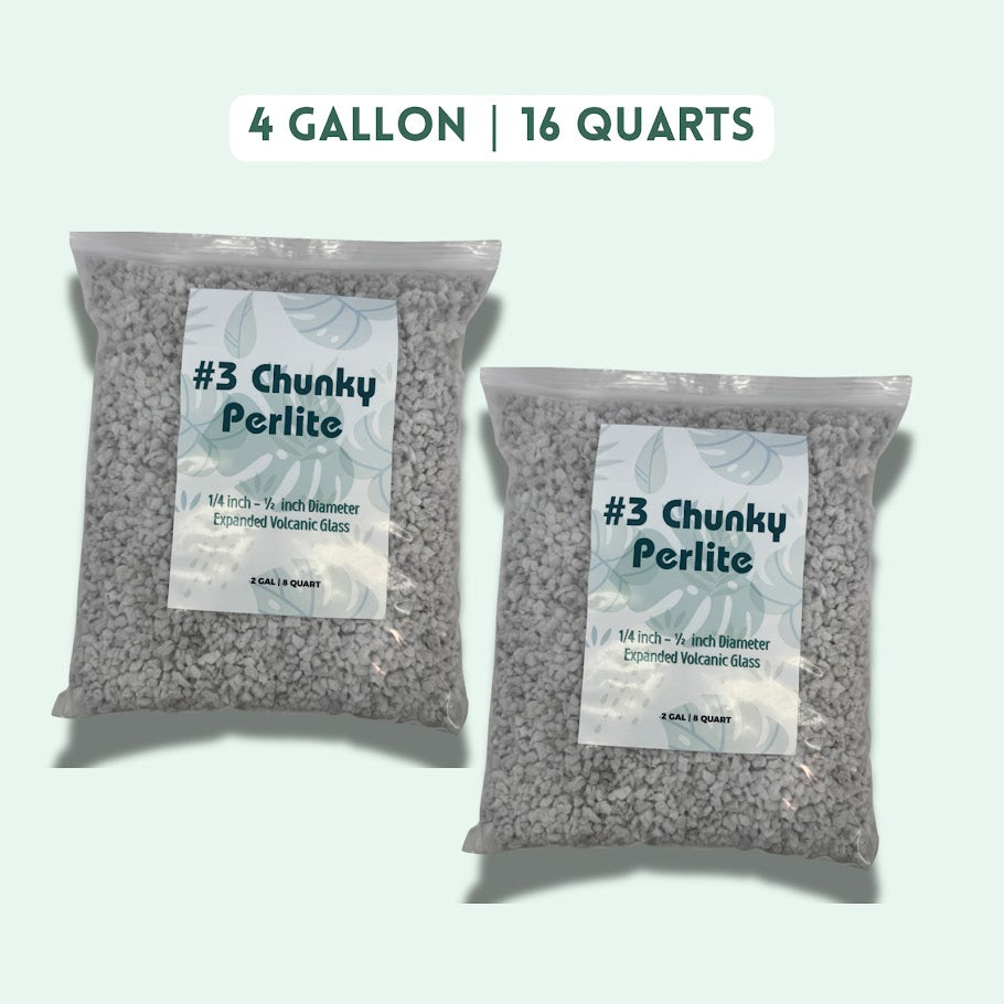 Two 2 gallon packages of #3 Chunky Perlite on a light green background