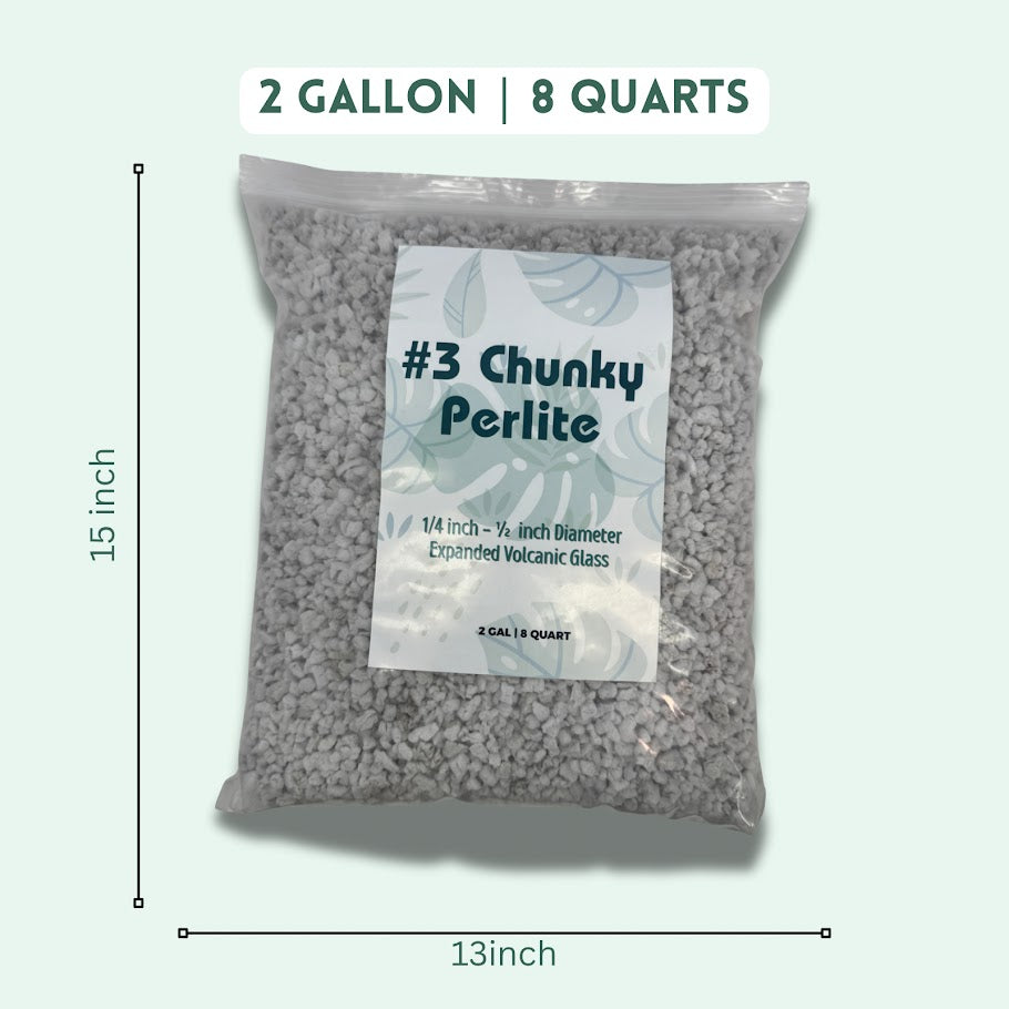 2 Gallon Bag of #3 Chunky Perlite with dimensions on a light green background