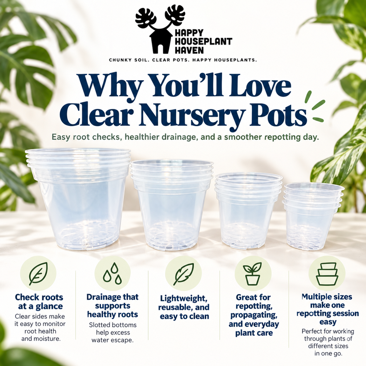 Clear Nursery Pot Set | 16 Pieces: 4", 5", 6" & 7" | Clear Plant Pots for Repotting