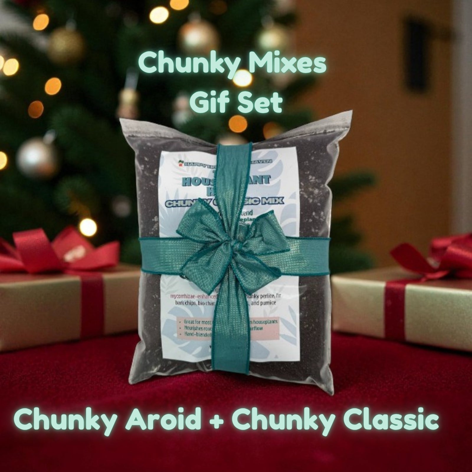 Gift set with 'Chunky Mixes' in front of a decorated Christmas tree.