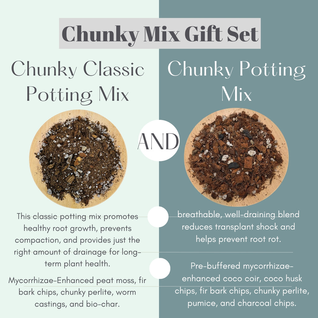 Chunky Mix Gift Set with two types of potting mix on a divided background.