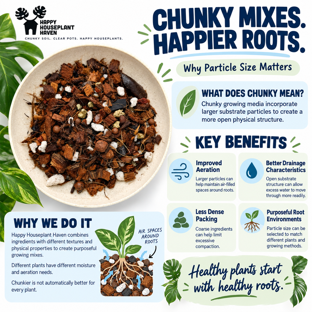 An educational infographic titled 'Chunky Mixes. Happier Roots.