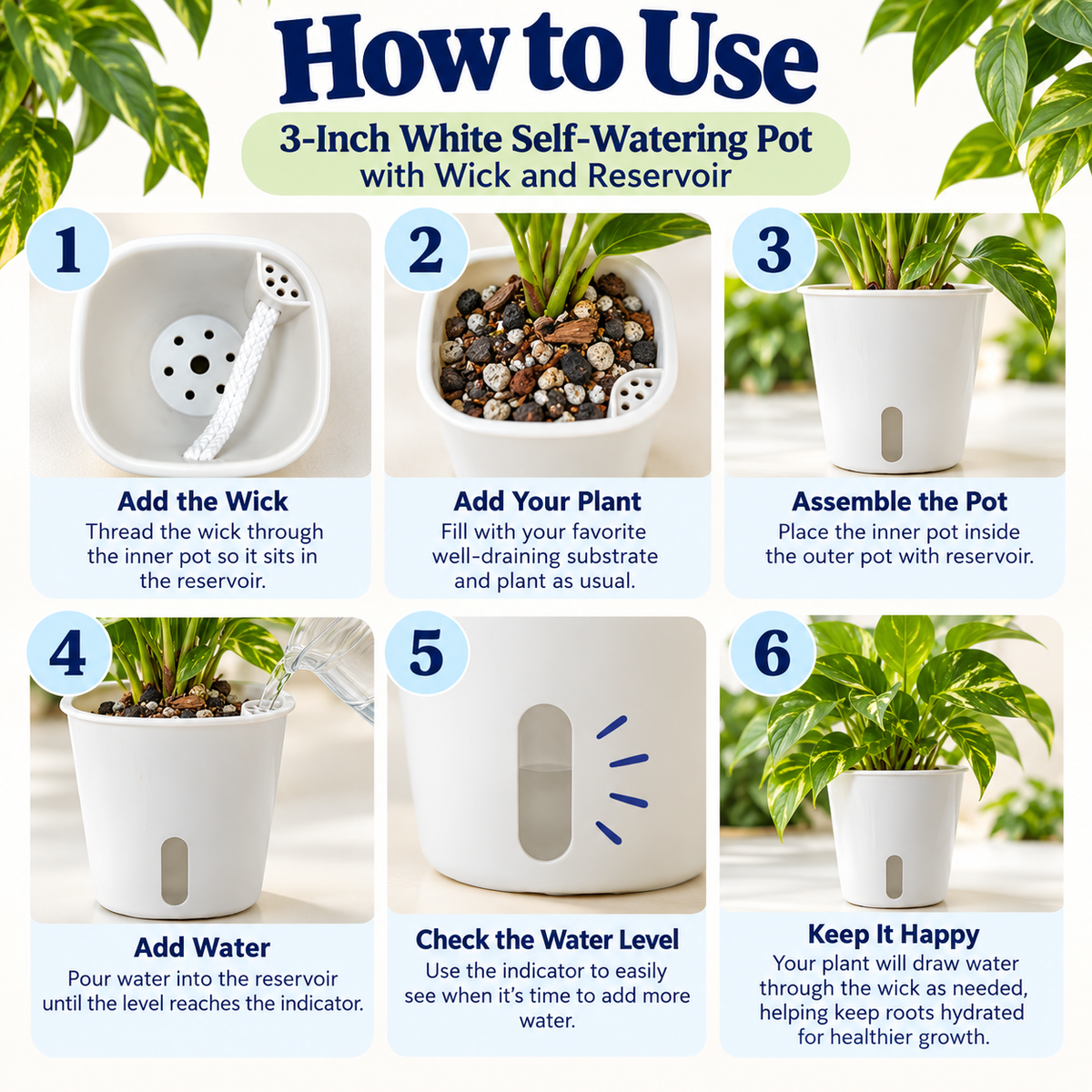 3-Inch White Self-Watering Pots with Water Level Indicator | 4, 8 or 24 Pack