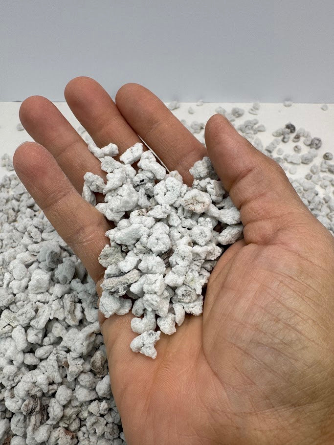 Hand holding #3 perlite against a light gray background