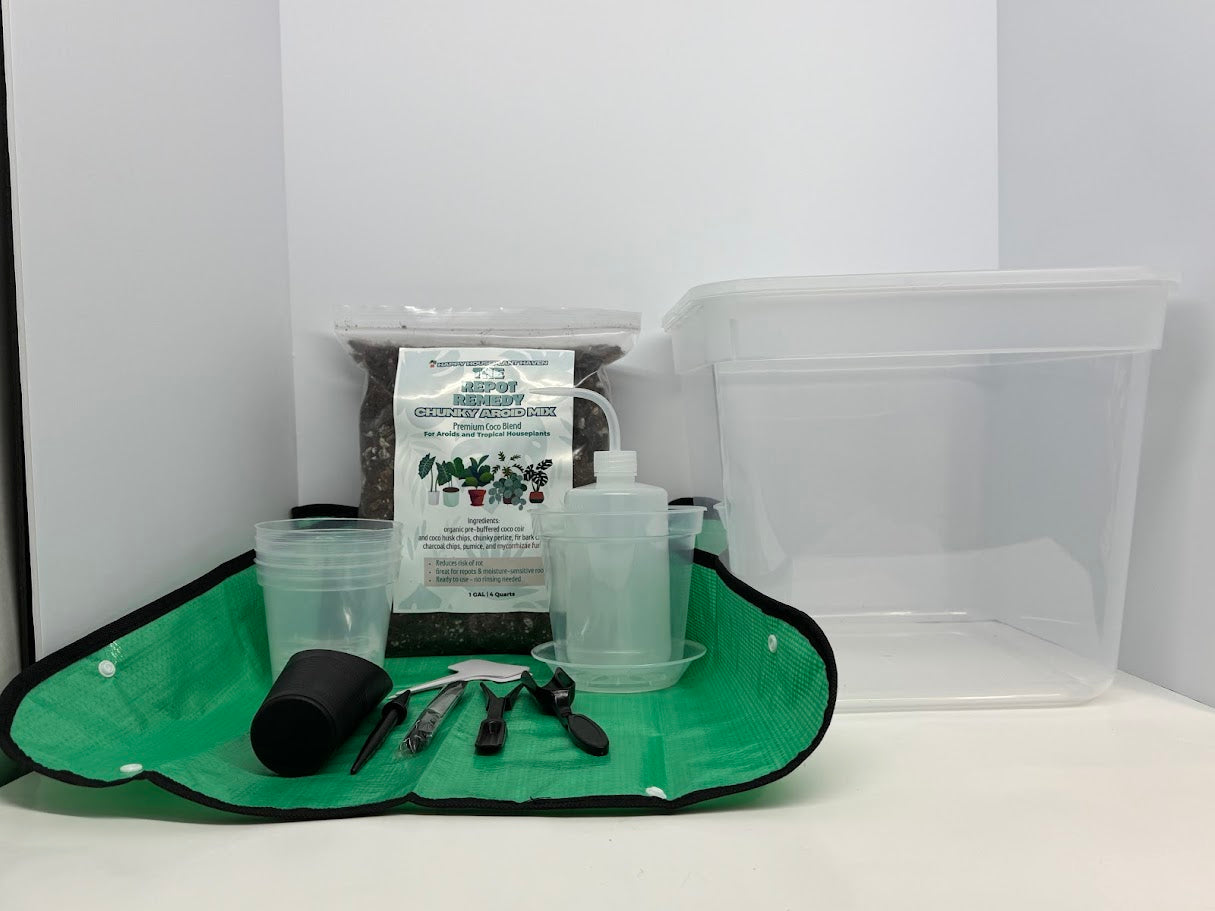 Set of gardening tools and supplies on a green mat with a white background