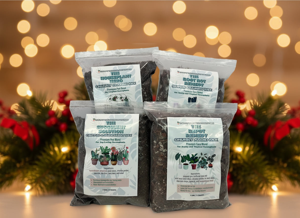 Four bags of potting mix with labels on a white surface.