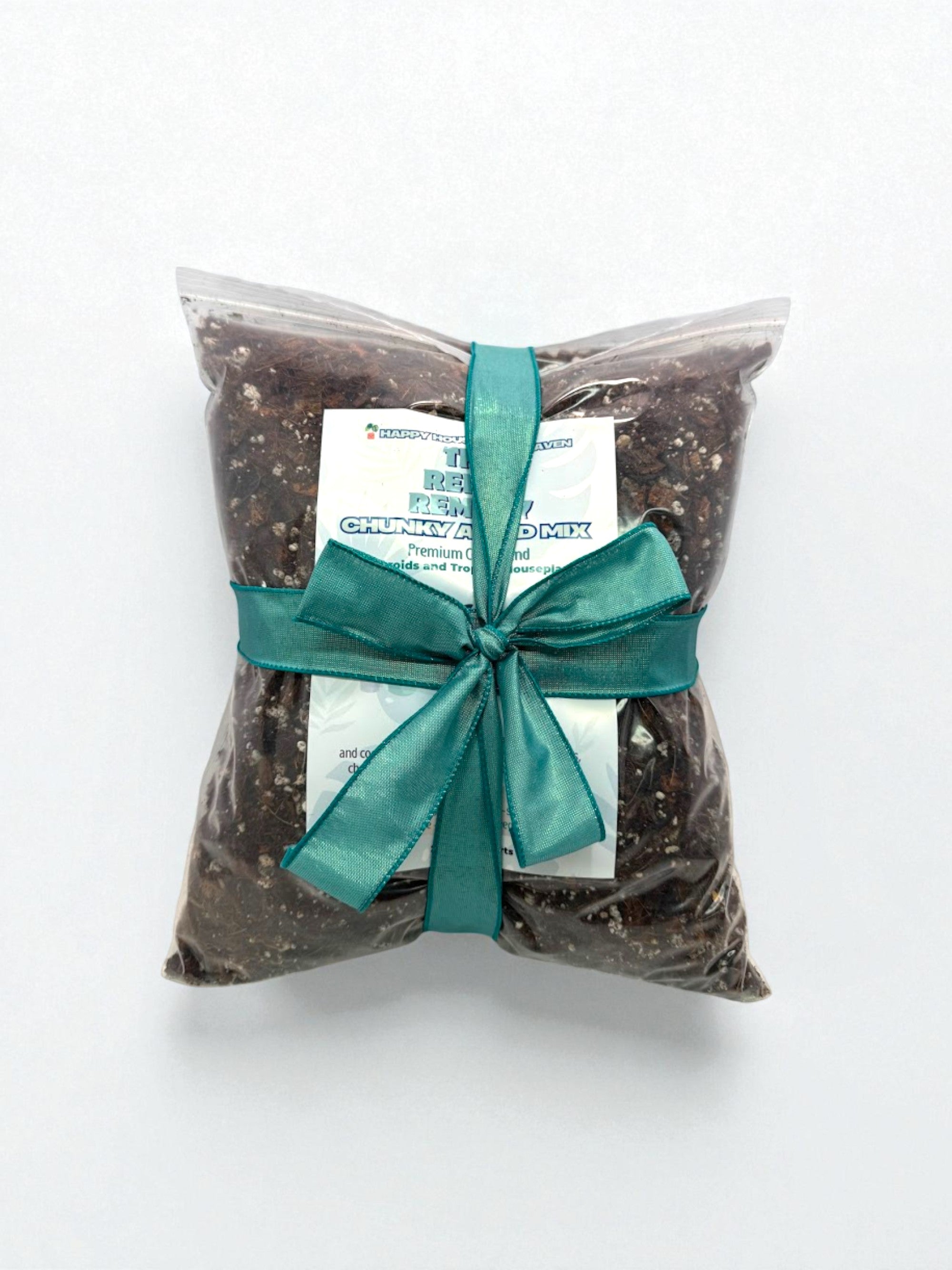 Bag of soil with a teal ribbon on a white background