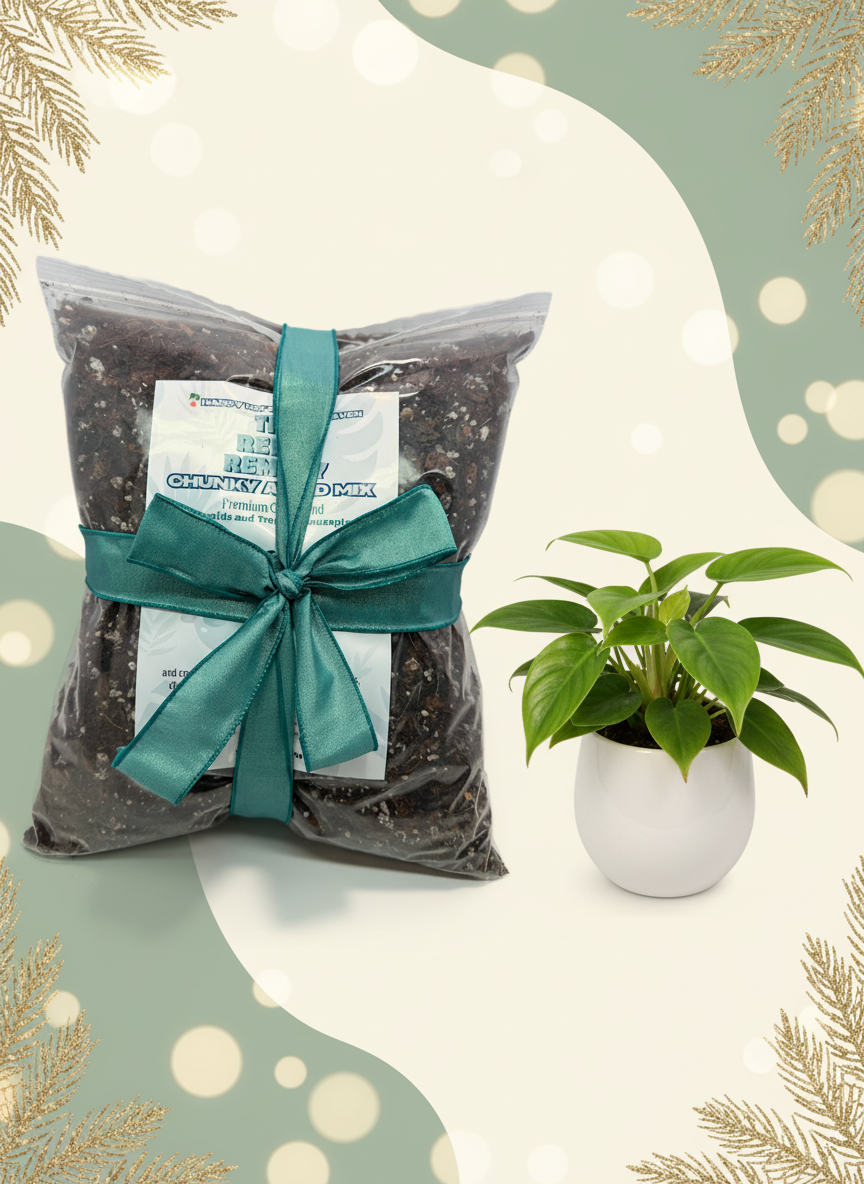Bag of soil mix with a teal ribbon on a white background