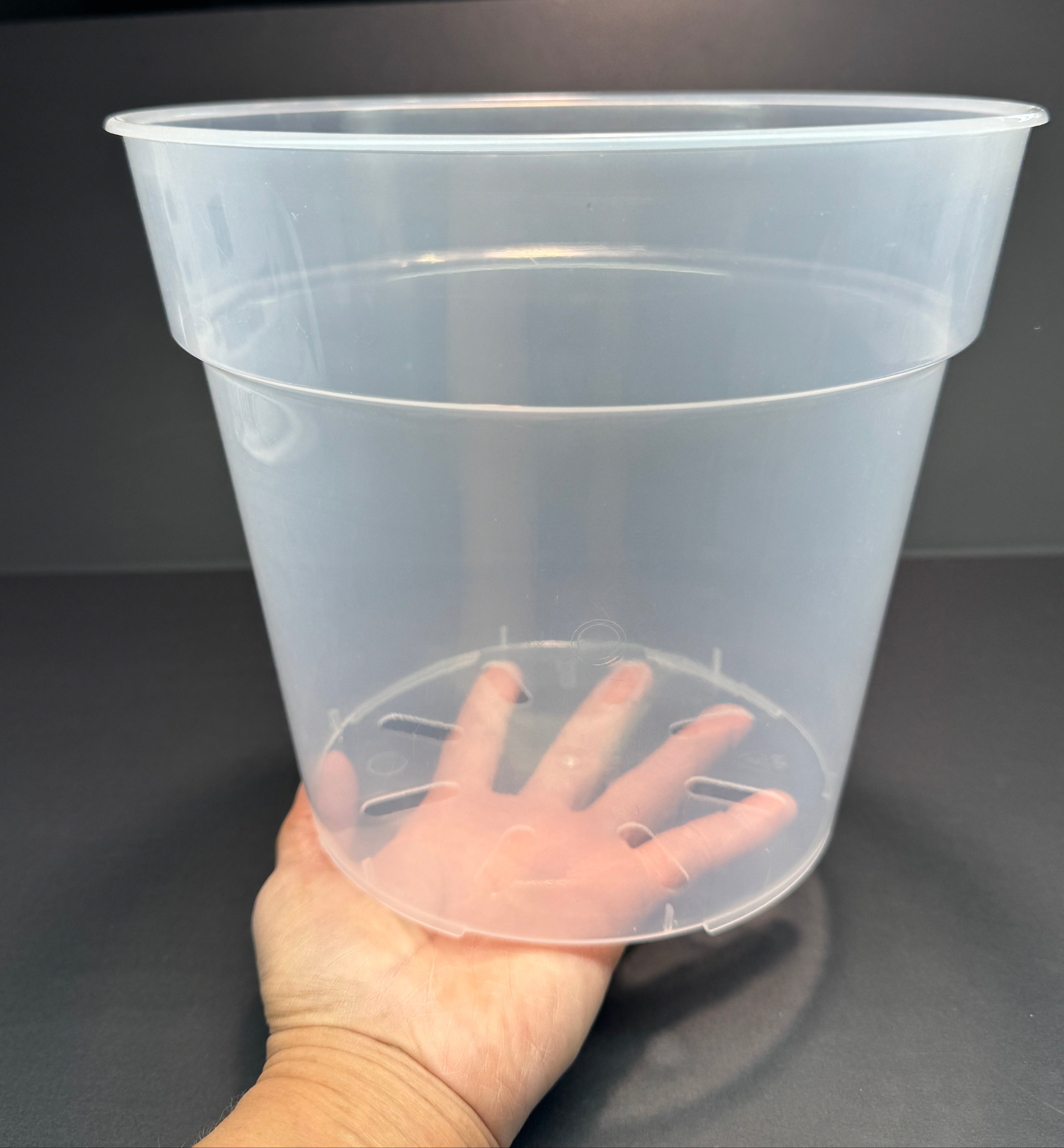 Clear plastic container held by a hand on a dark surface