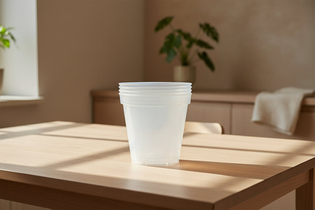 Stack of clear plastic containers on a gray surface with a white background