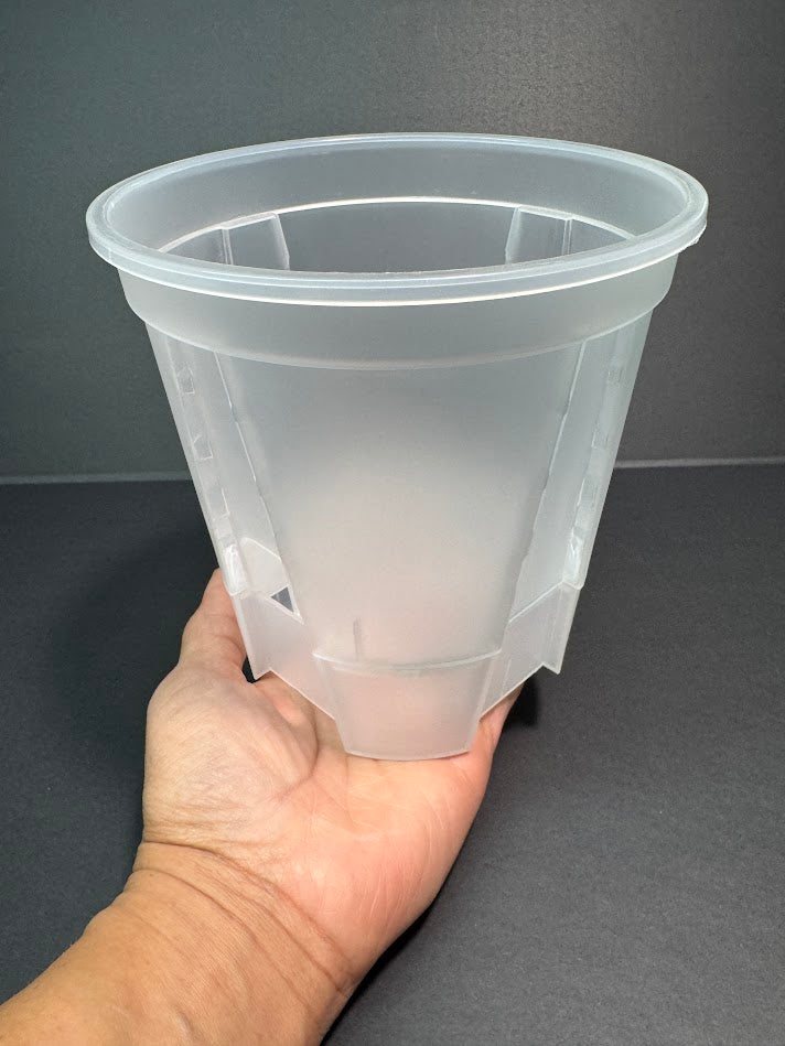 A hand holding a 6inch self-watering pot 