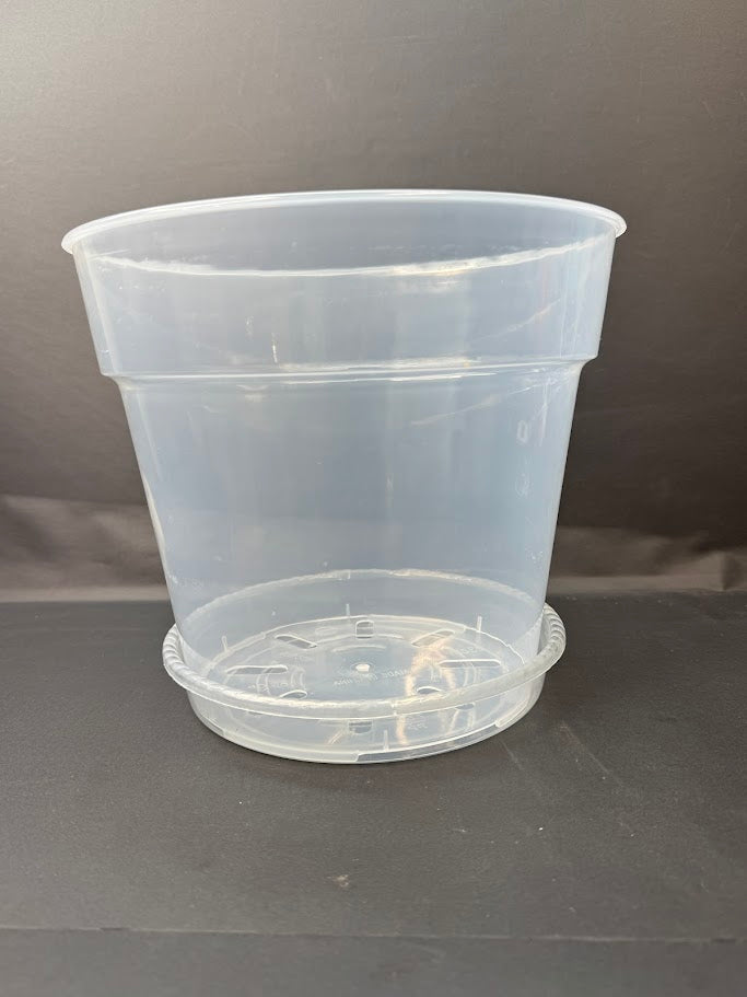 A clear plastic cup with a matching clear plastic base, photographed against a dark gray background.