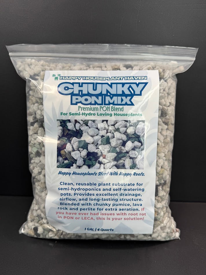 A clear plastic bag filled with light gray to white pebbles, labeled 'Chunky Pon Mix Premium Pot Blend' by Happy Houseplant Haven, photographed against a dark gray background.