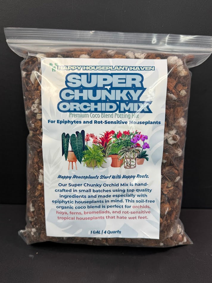 A clear plastic bag filled with brown orchid growing medium chunks, featuring a large white label that reads 'Super Chunky Orchid Mix' from Happy Houseplant Haven.