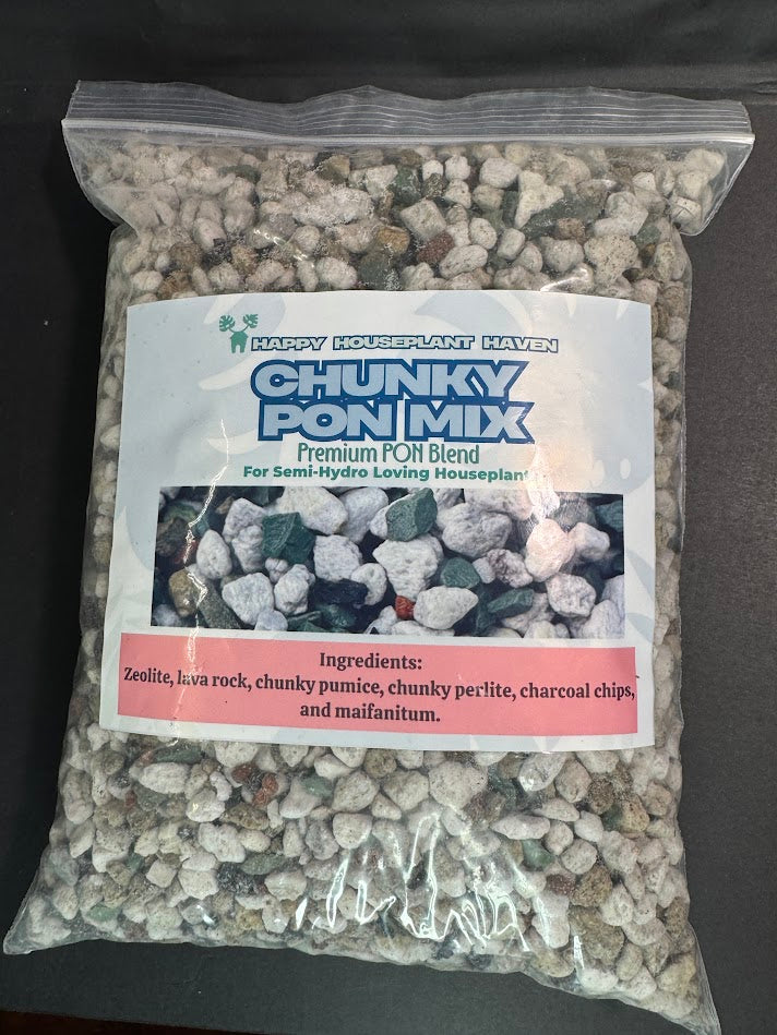 A clear plastic bag filled with small pebble-style houseplant stones, with a white product label reading 'Chunky Pon Mix Premium PON Blend' and 'Happy Houseplant Haven' at the top, photographed on a dark surface.