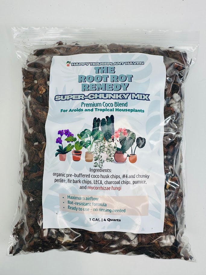 Plastic bag of 'The Root Rot Remedy Super Chunky Mix' for houseplants with a label on a white background.