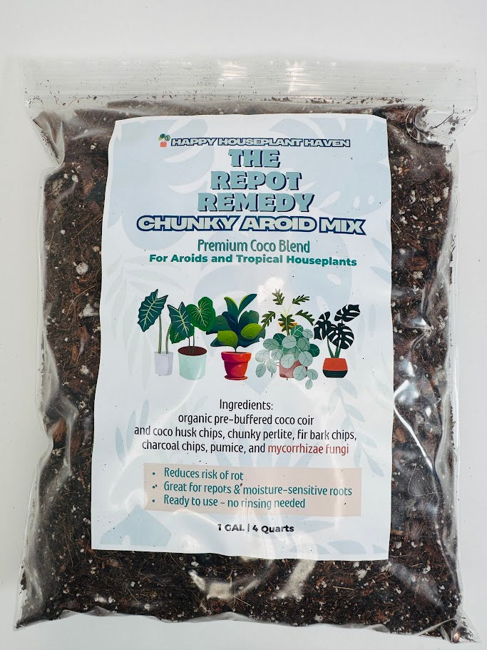 Plastic bag of 'The Repot Remedy' chunky aroid mix with a label on a white background