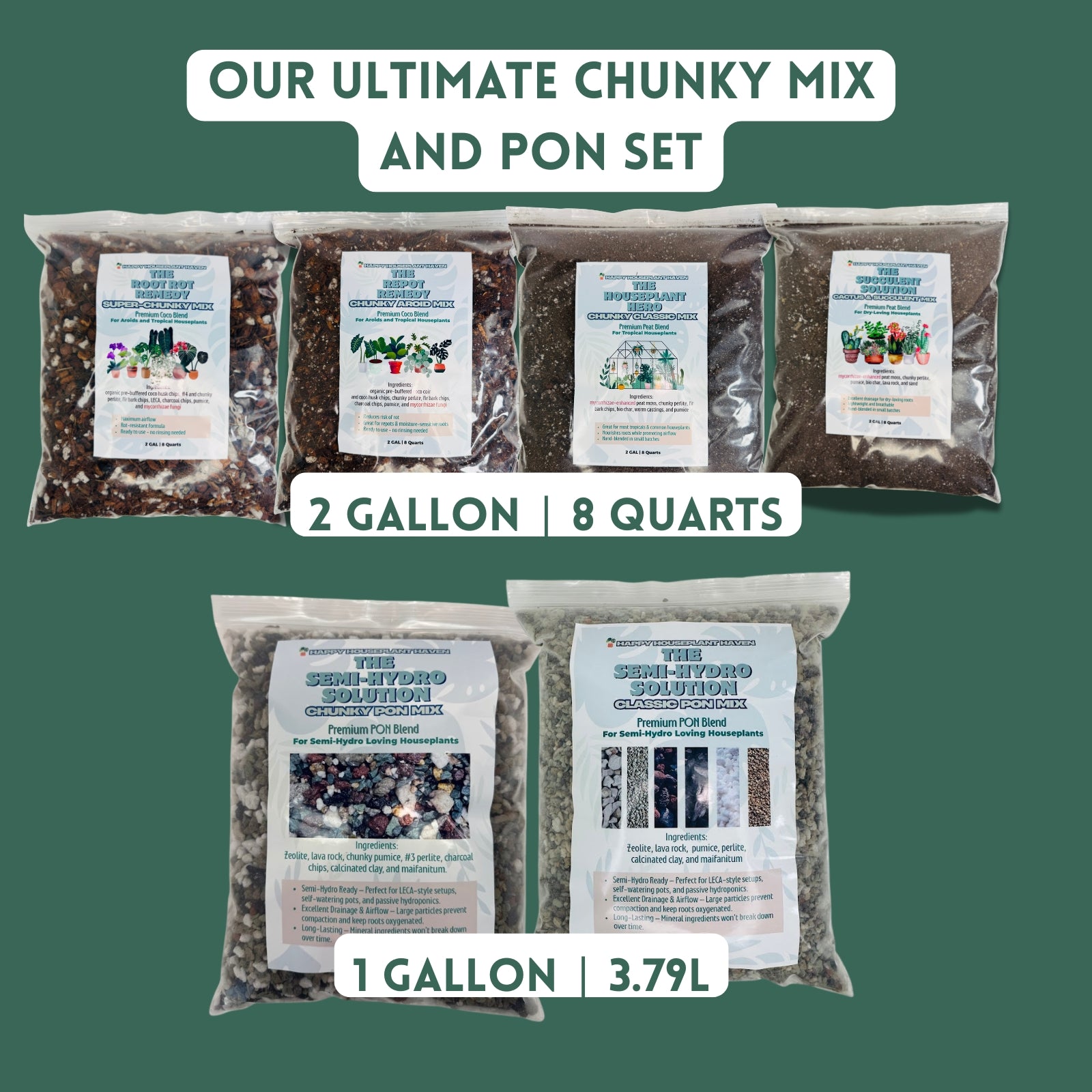 Garden soil packages labeled 'Our Ultimate Chunky Mix and Pon Set' with volume indicators on a green background.