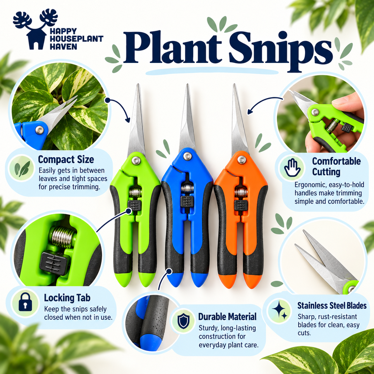 Plant Snips | Stainless Steel Pruning Shears for Houseplants | 1 Pair | Green, Blue or Orange