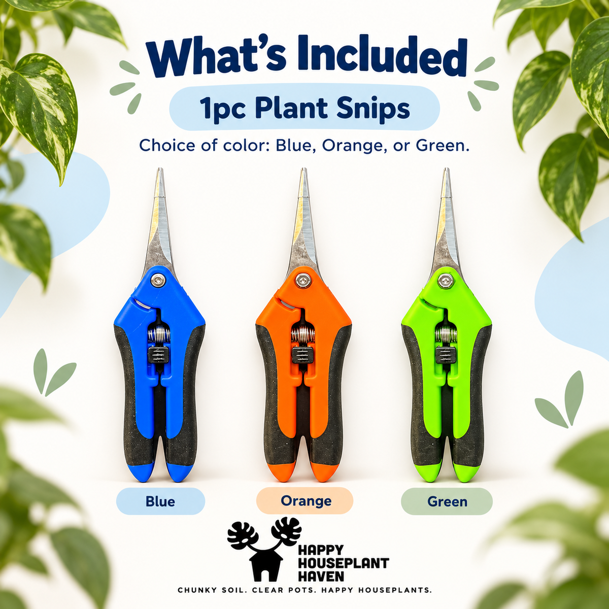 Plant Snips | Stainless Steel Pruning Shears for Houseplants | 1 Pair | Green, Blue or Orange
