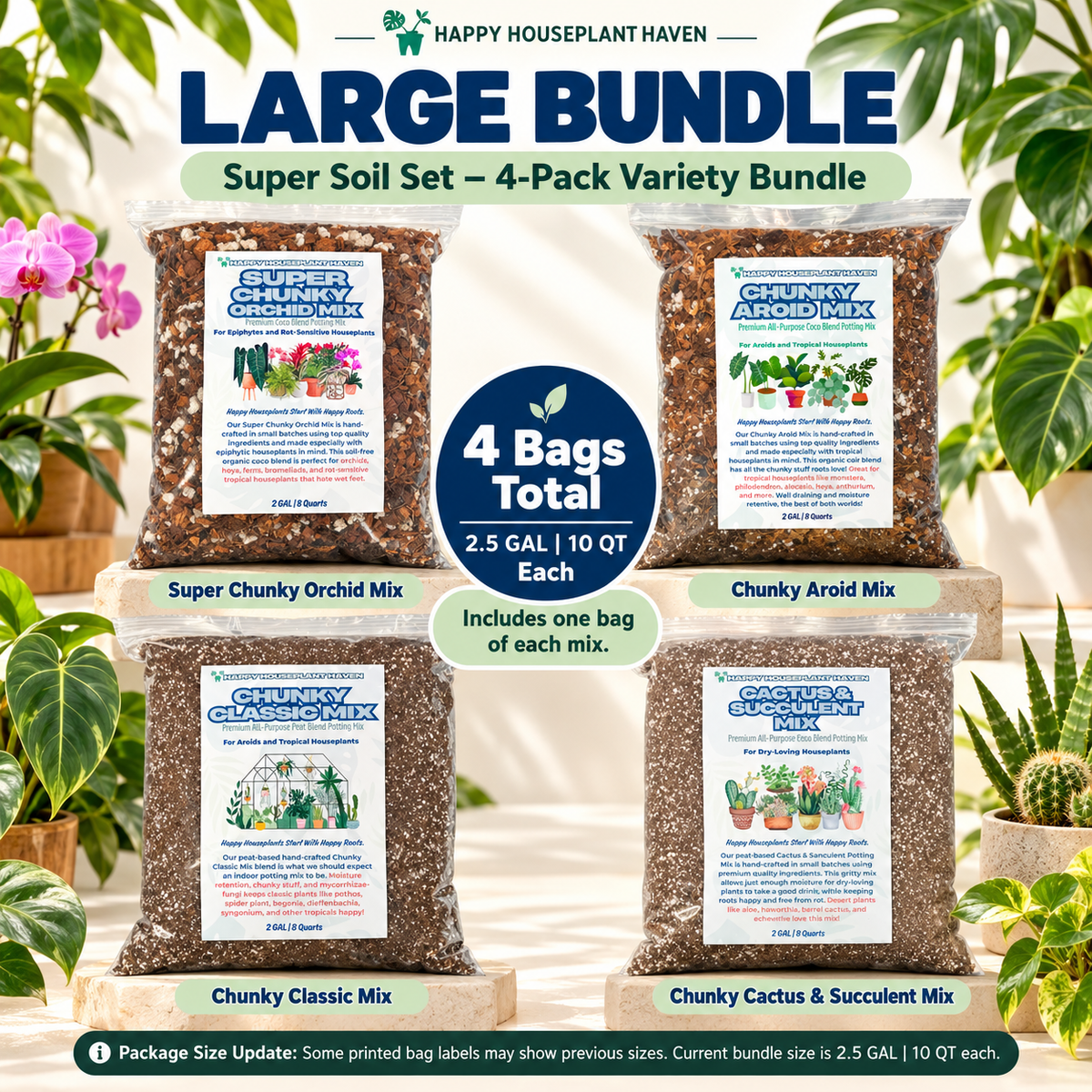 A large bundle of four Happy Houseplant Haven super soil mixes in 2.5 gal bags, arranged in a 2x2 grid with a central badge indicating '4 Bags Total'.