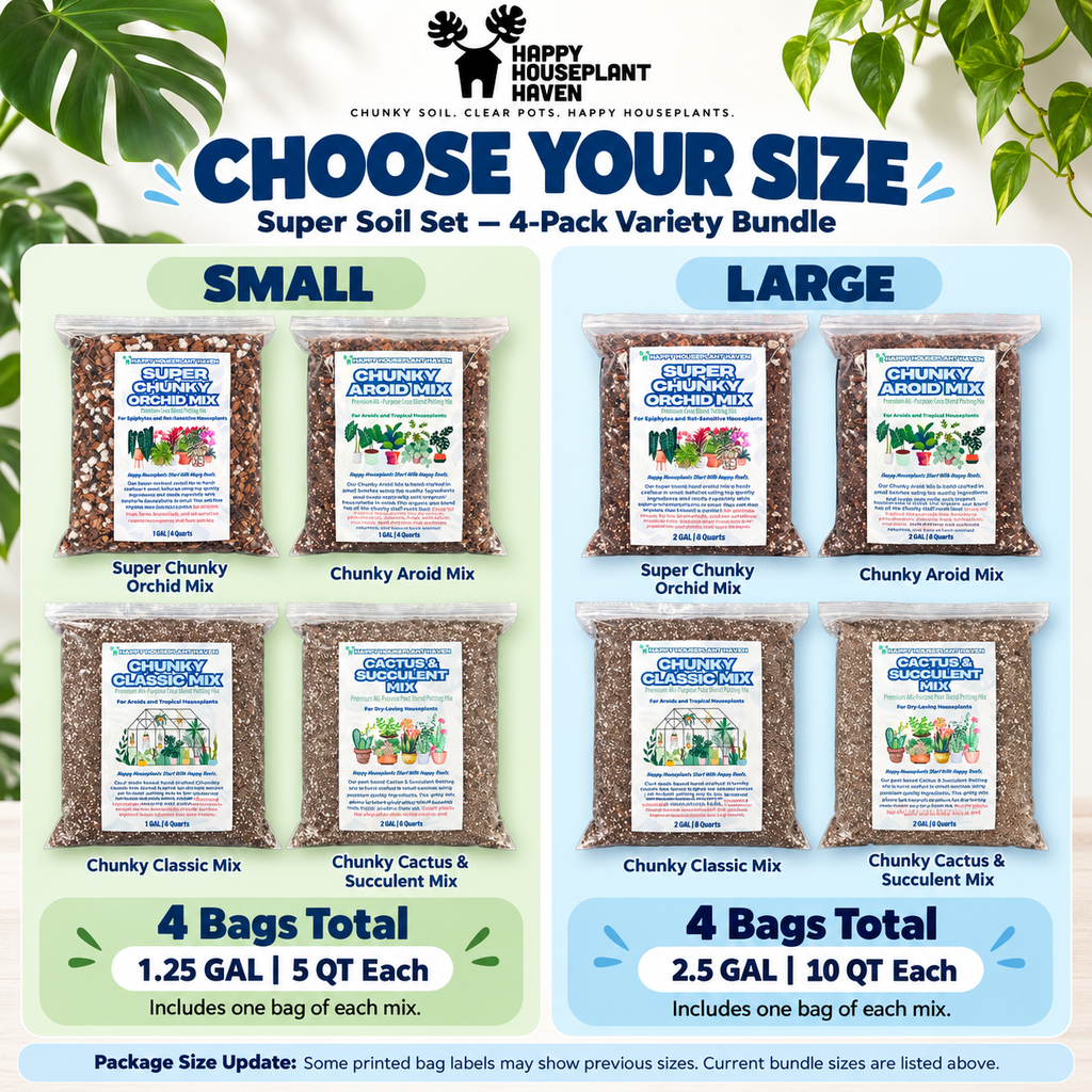 A size comparison chart for the Happy Houseplant Haven Super Soil Set 4-pack variety bundle, showing small and large package options with product images and bag counts.