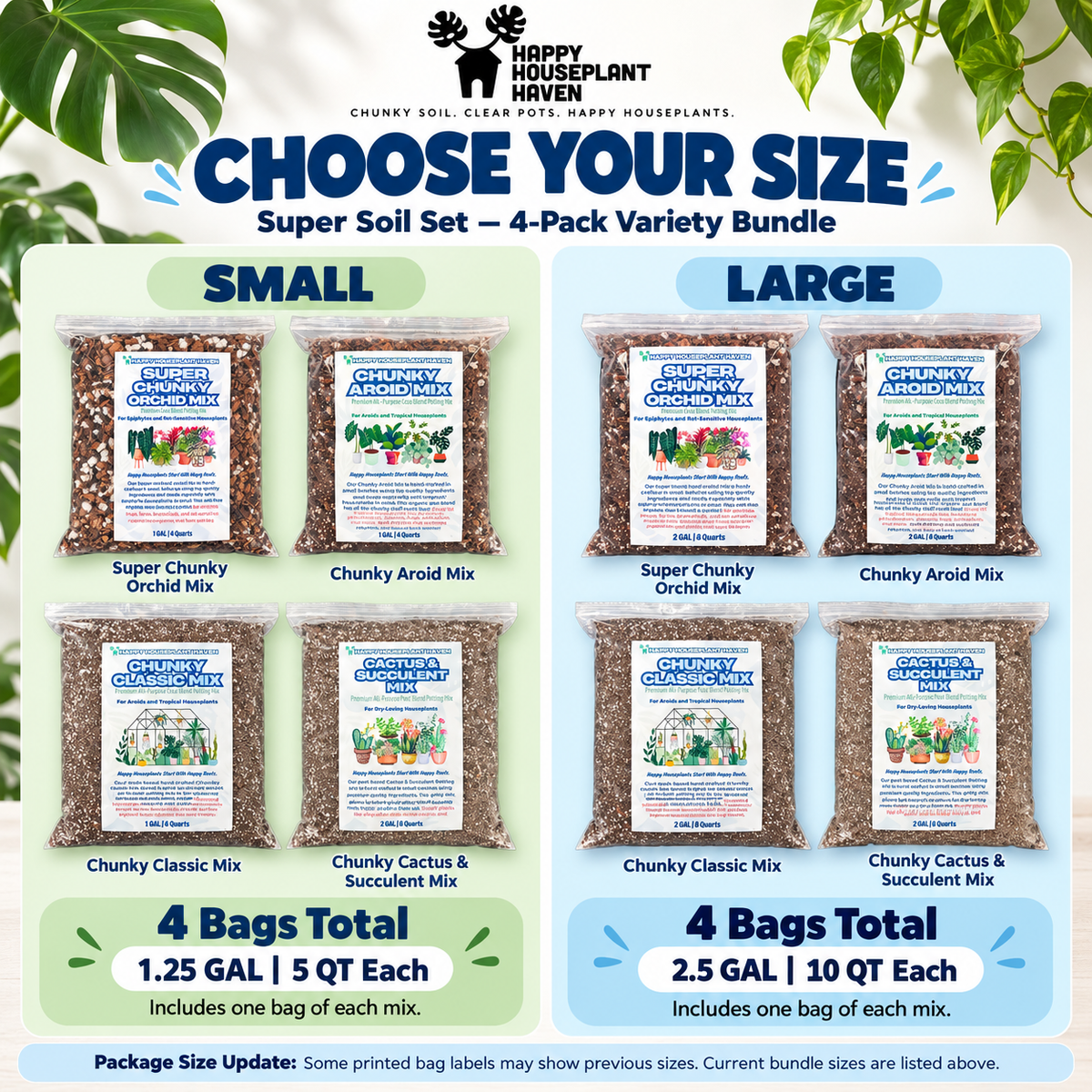 A size comparison chart for the Happy Houseplant Haven Super Soil Set 4-pack variety bundle, showing small and large package options with product images and bag counts.