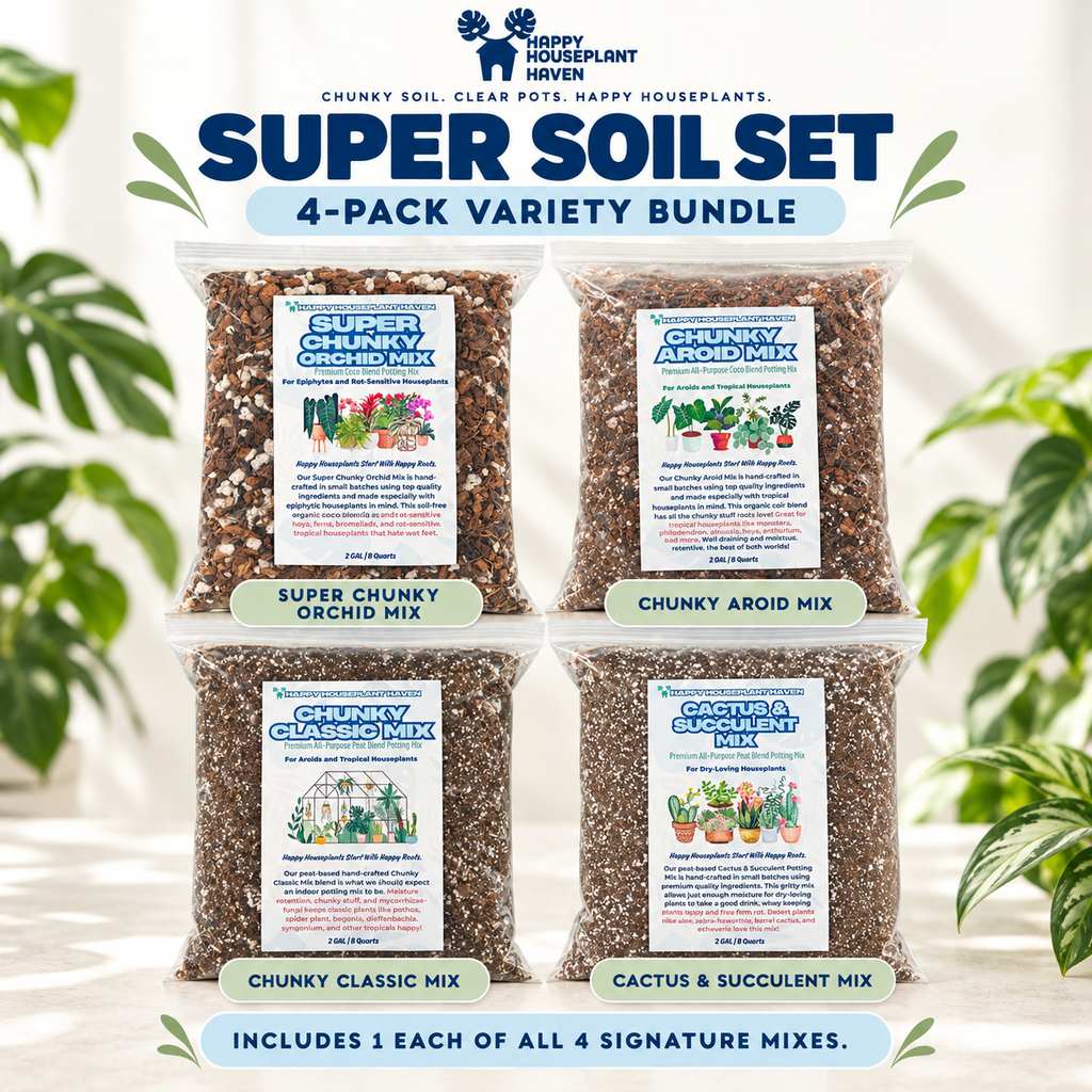 Four bags of Happy Houseplant Haven Super Soil Set 4-Pack Variety Bundle arranged in a 2x2 grid, featuring orchid, aroid, classic, and succulent mixes, with decorative green leaves on the sides.