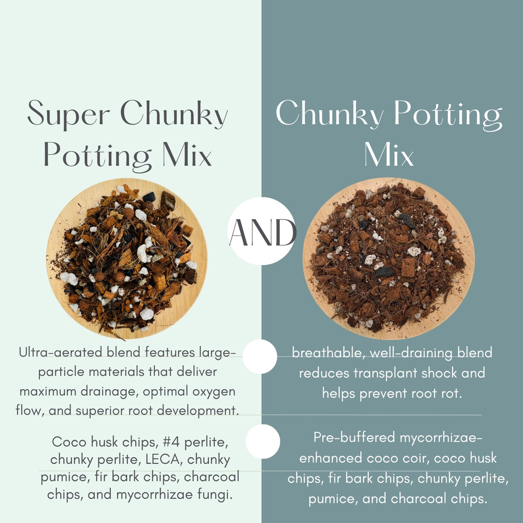 Comparison of Super Chunky Potting Mix and Chunky Potting Mix with text descriptions on a white background.
